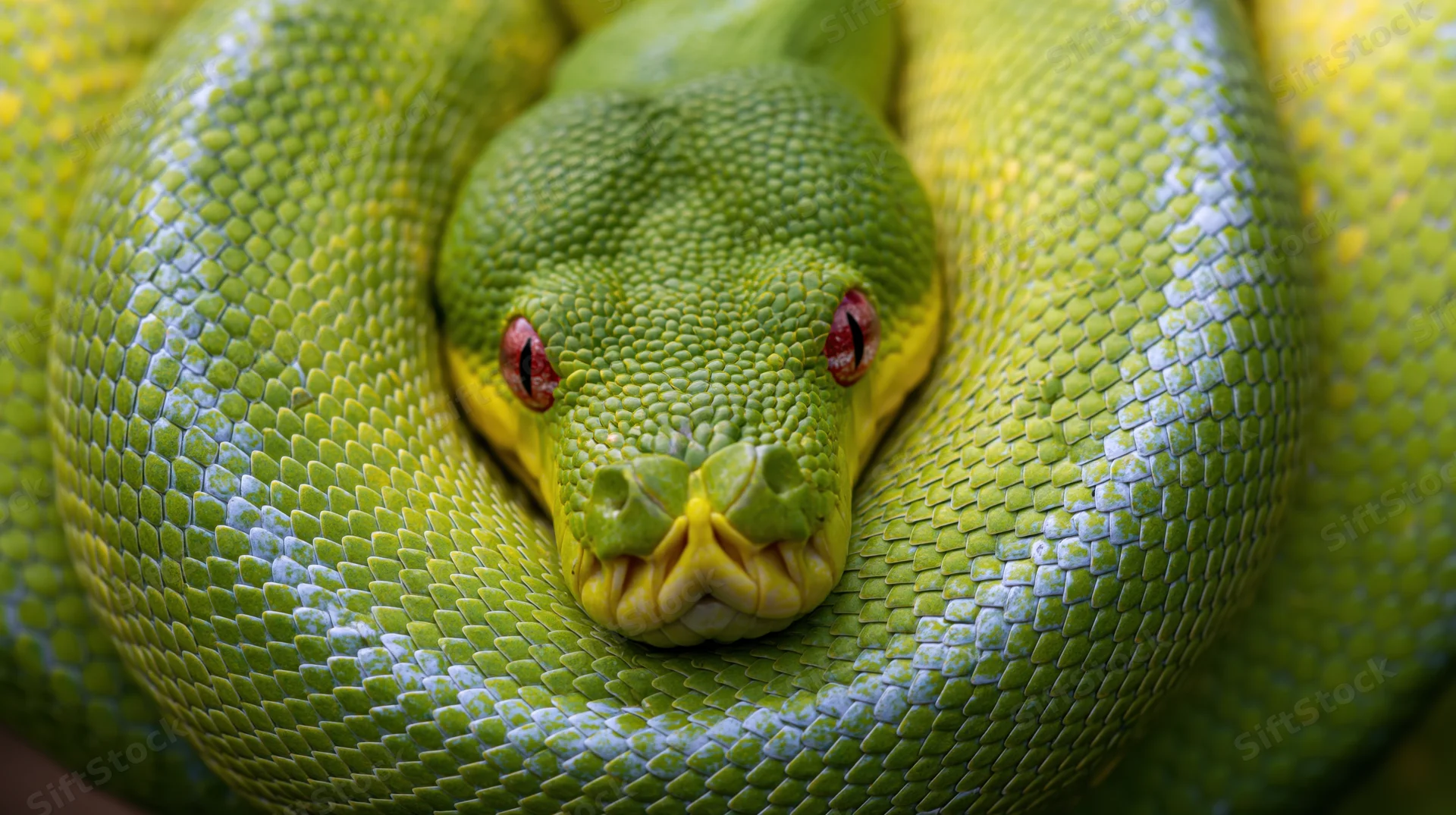 Green tree python coiled tightly with head centered and eyes visible