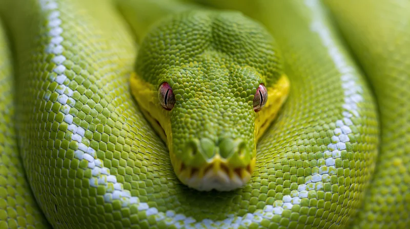 Green tree python coiled tightly with head resting in center, scales detailed in closeup view