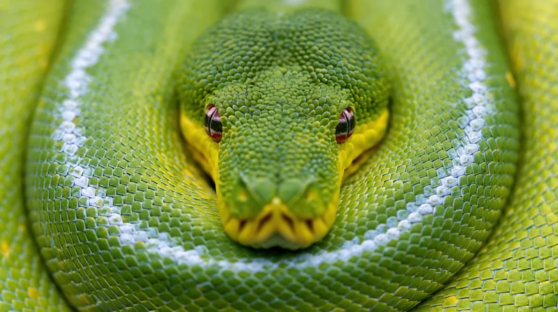 Green tree python coiled tightly with head centered in frame