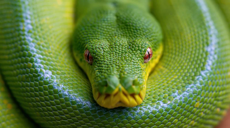 Green tree python coiled tightly with head resting centered on its body