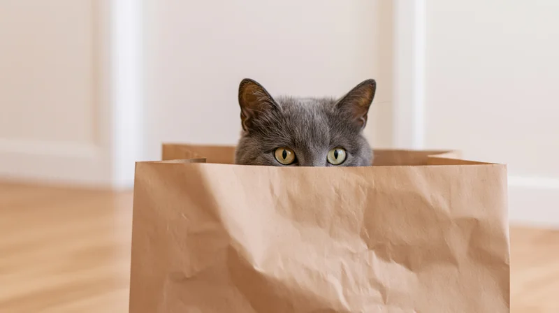 Gray cat peeking over rim of brown paper bag on wooden floor indoors