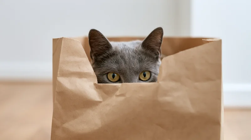 Gray cat peeking over rim of brown paper bag indoors