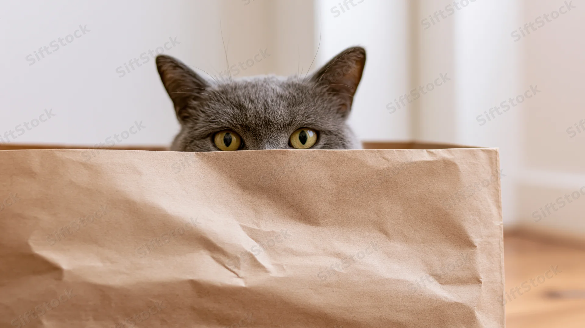 Grey short-haired cat peering over rim of brown paper bag indoors