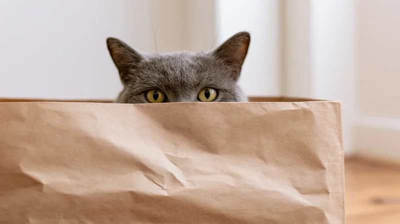 Grey short-haired cat peering over rim of brown paper bag indoors