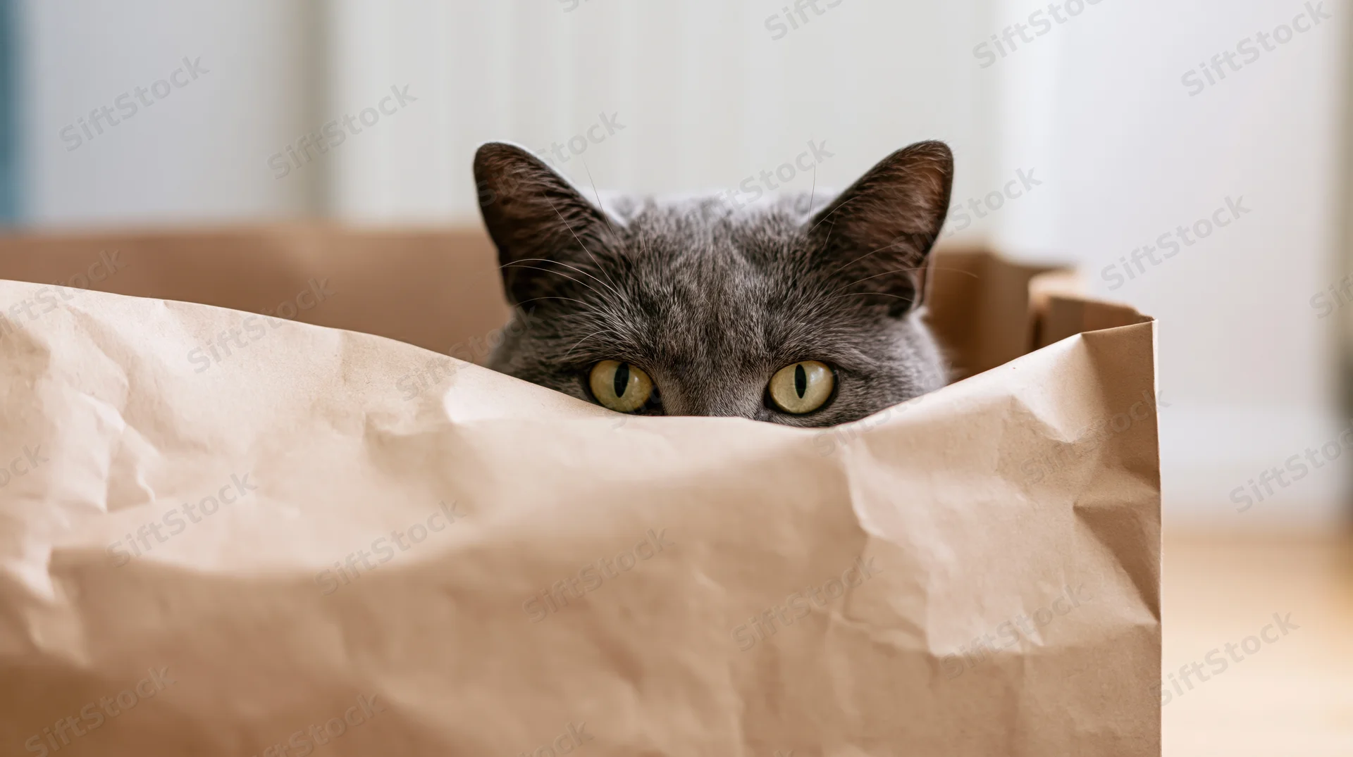 Grey short-haired cat peering over rim of brown paper bag indoors