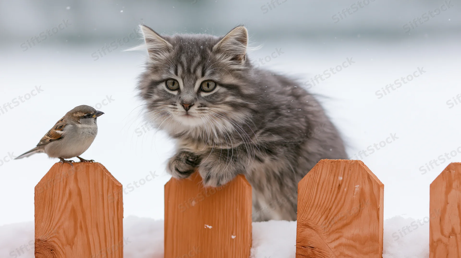 Grey tabby kitten perched on wooden picket fence in snow, staring at sparrow beside it