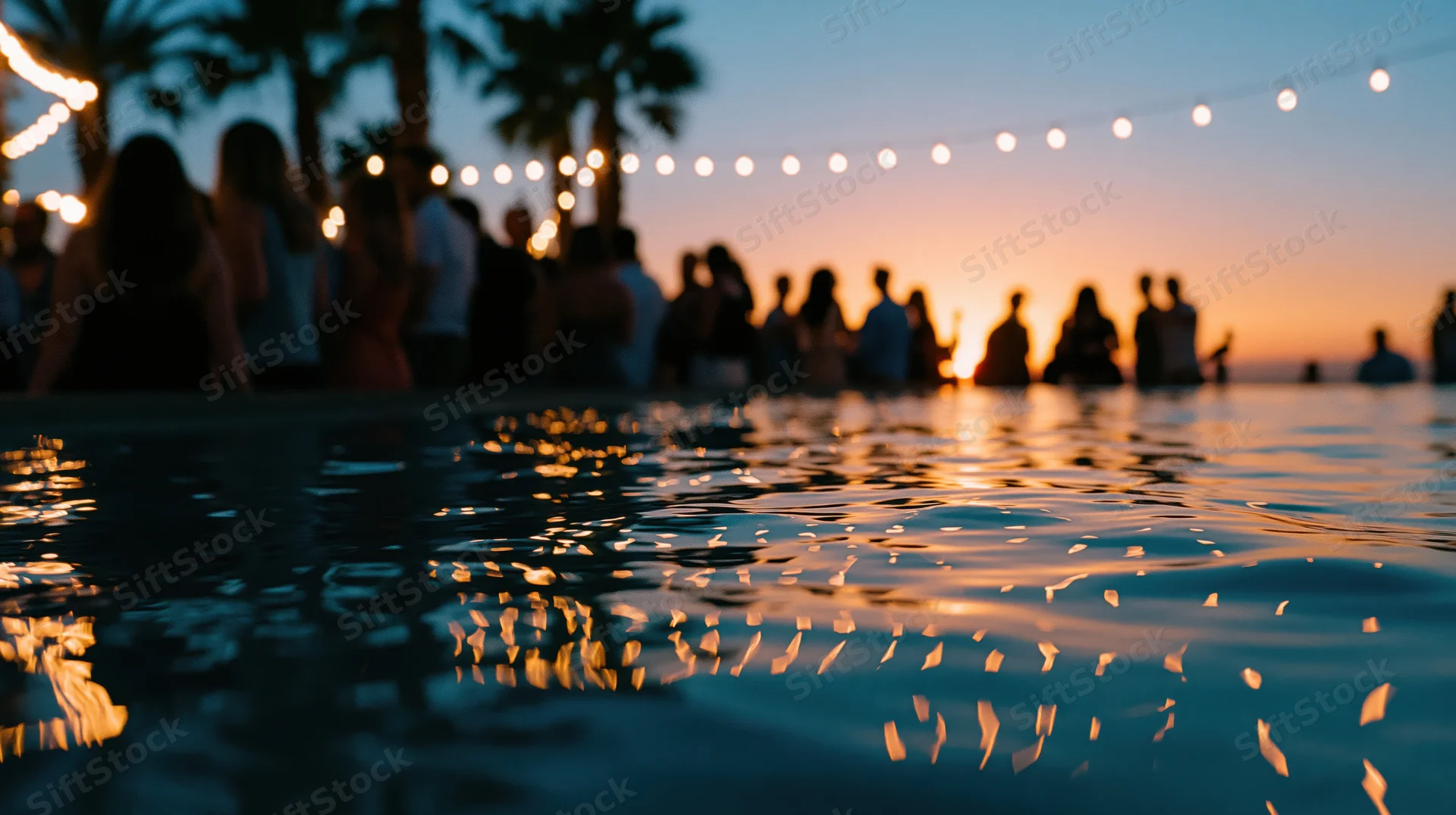Twilight party by a pool with string lights and palm trees reflected in the water