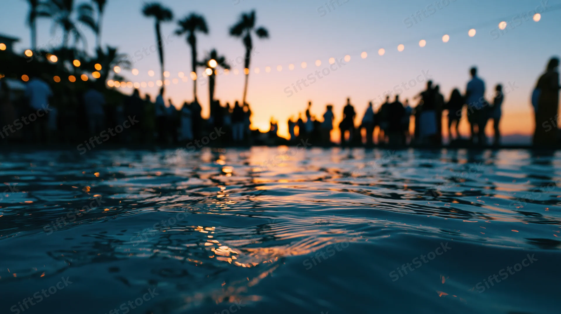 Low-angle view across rippling pool water at twilight with silhouetted people and palm trees in the background