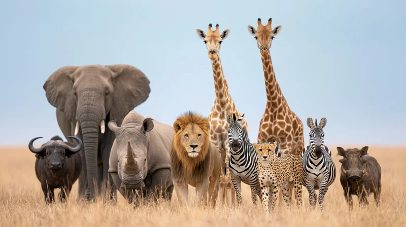 Group of african safari animals standing together on open savanna grassland