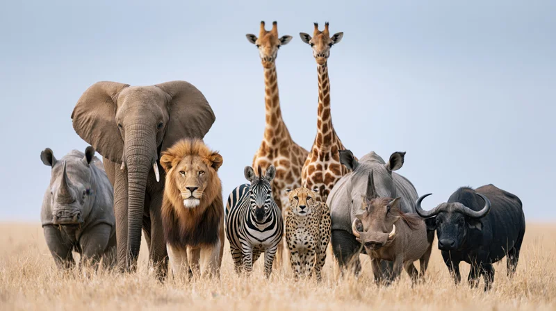 Group of african safari animals standing together on open savanna grassland