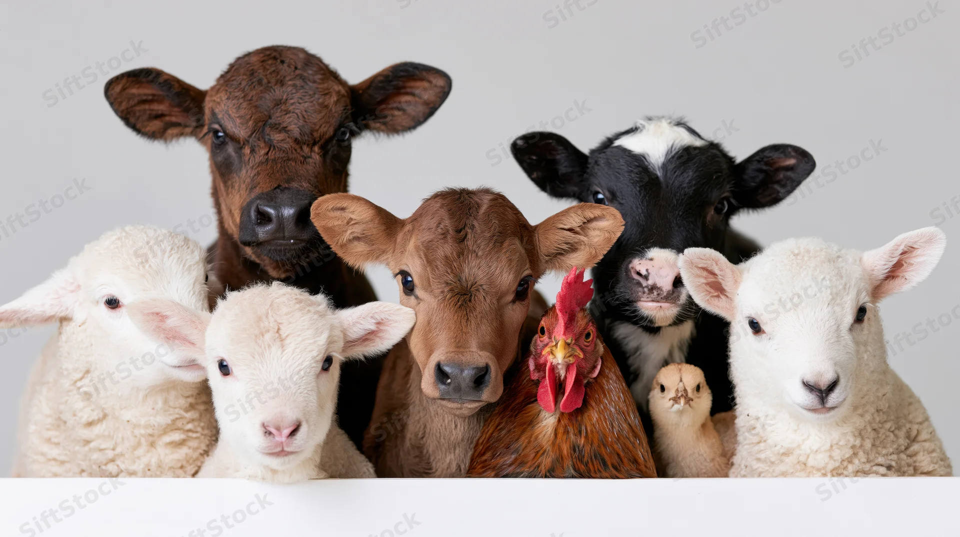 Group of farm animals including calves, lambs, a chicken and a chick peeking over a white barrier