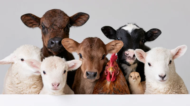Group of farm animals including calves, lambs, a chicken and a chick peeking over a white barrier