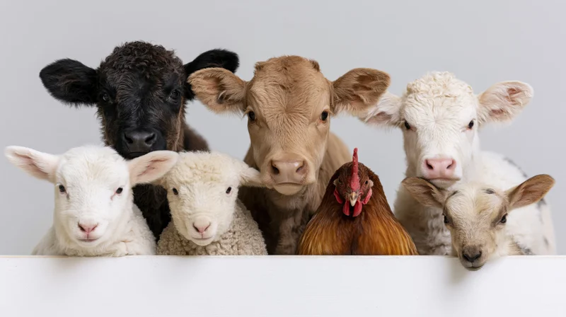 Group of farm animals including calves, lambs and a chicken peeking over a white barrier