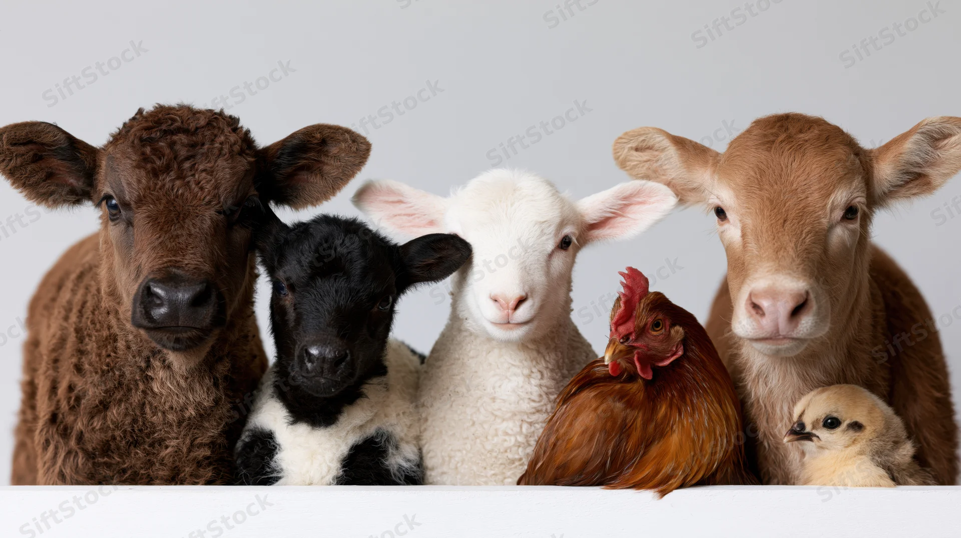 Group of young farm animals including calves, lambs, a chicken and a chick posing together in studio setting