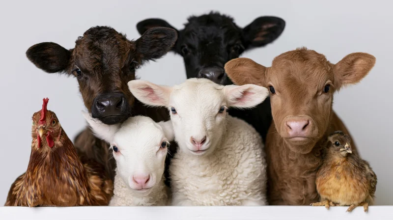 Group of young farm animals including calves, lambs and chickens posing together in studio setting