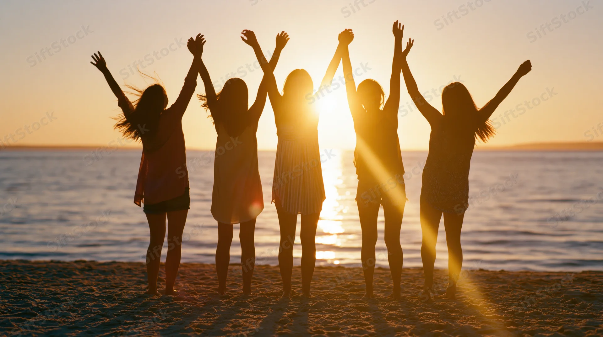 Five women silhouetted with arms raised celebrating on a sandy beach at sunset