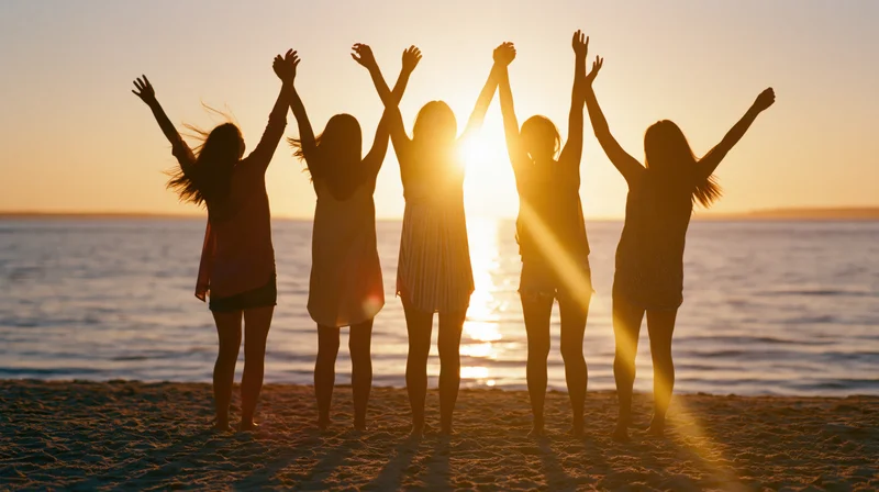 Five women silhouetted with arms raised celebrating on a sandy beach at sunset