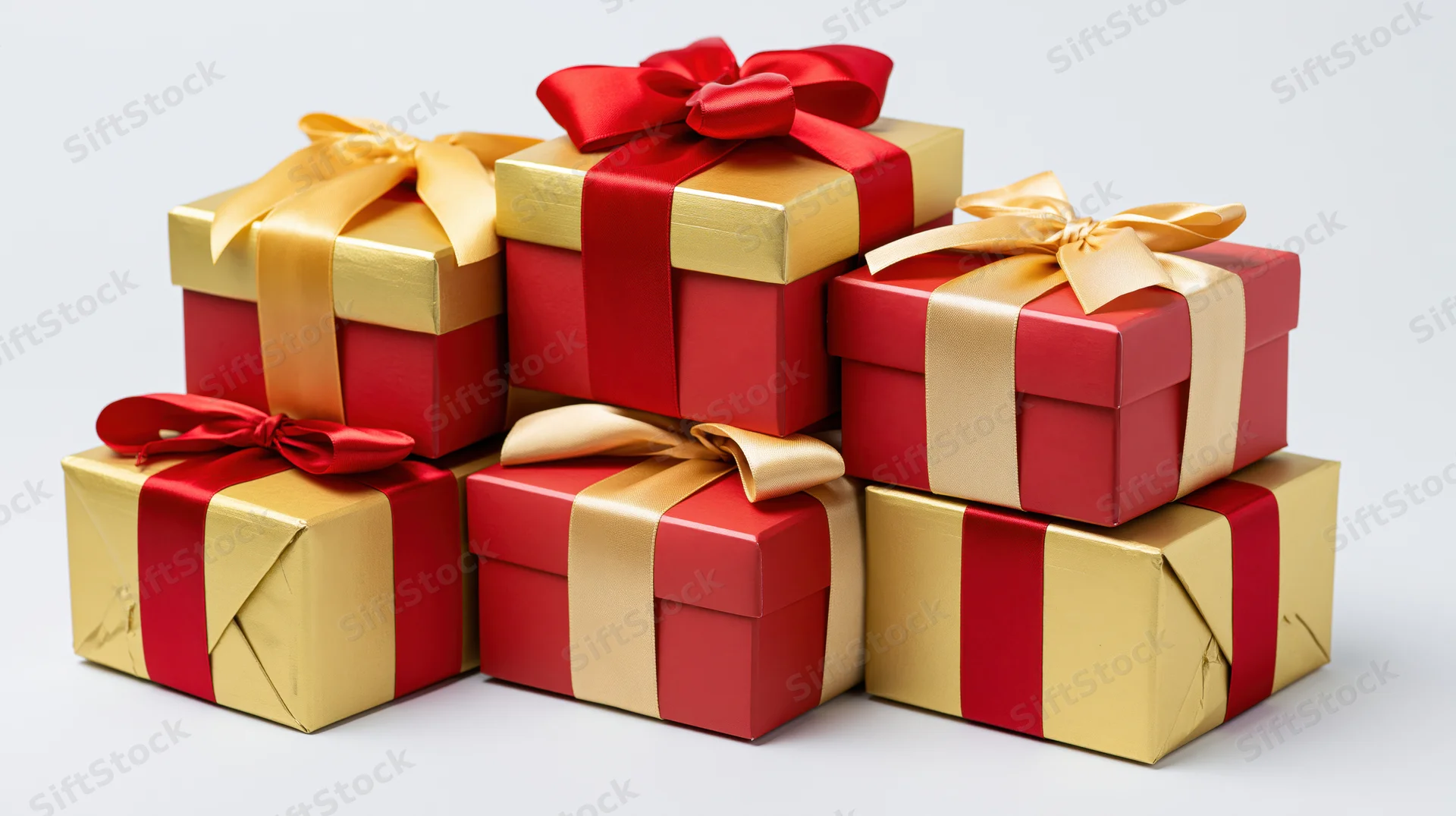 Stack of red and gold gift boxes wrapped with ribbons and bows on white background