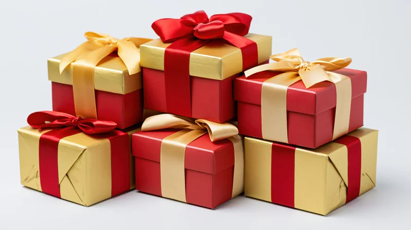 Stack of red and gold gift boxes wrapped with ribbons and bows on white background