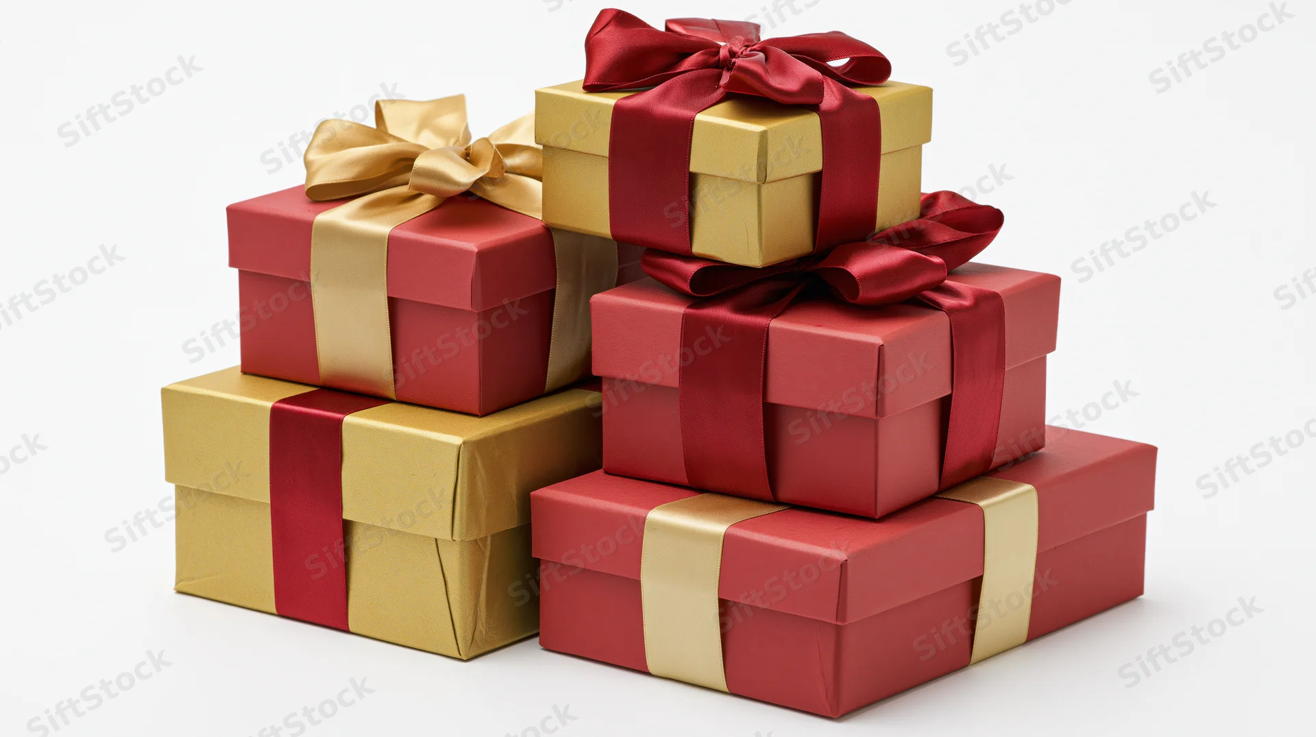 Five gift boxes stacked and arranged together with red and gold wrapping and ribbons on white background
