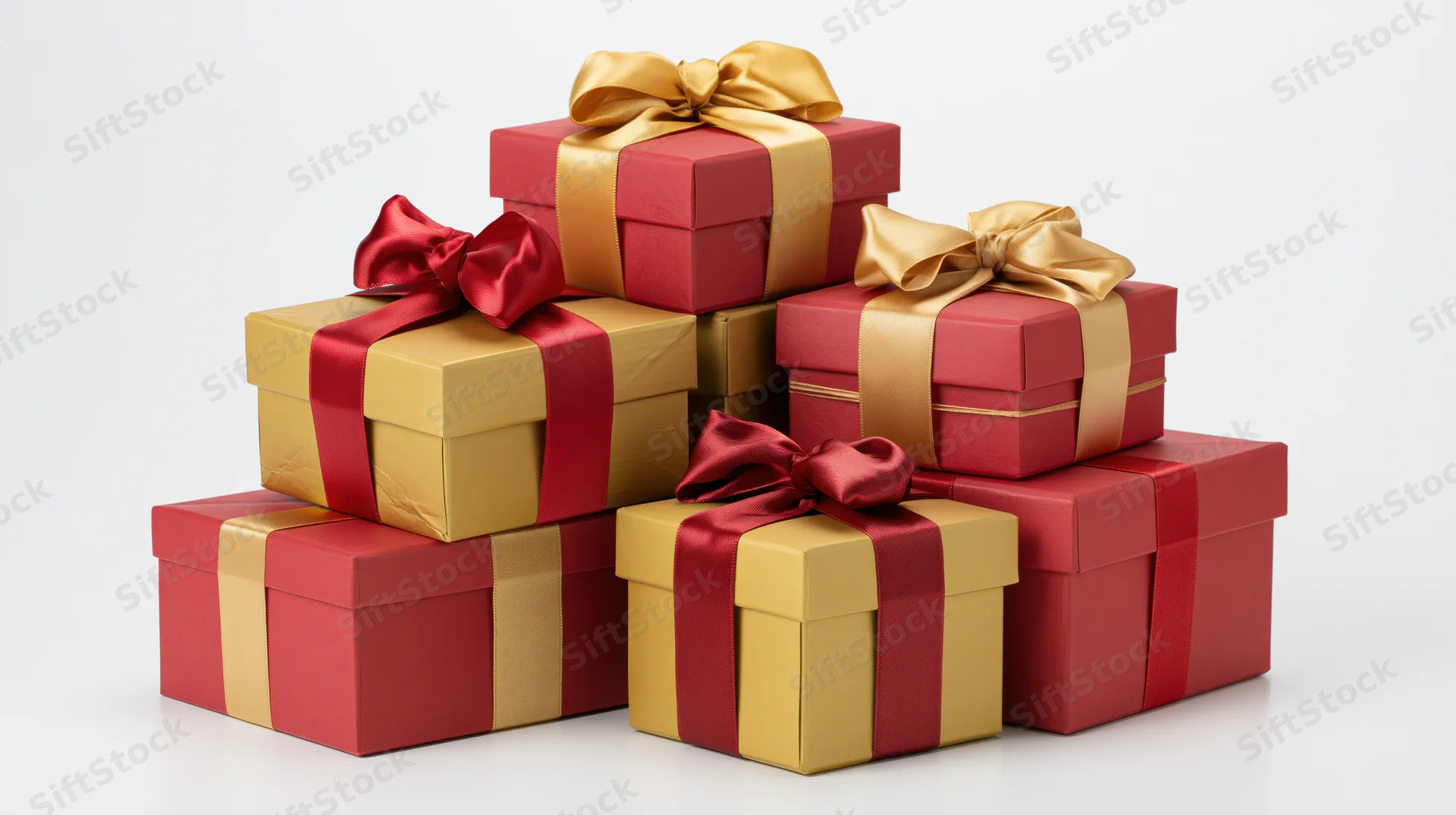 Stack of red and gold gift boxes with satin ribbons arranged together on white background