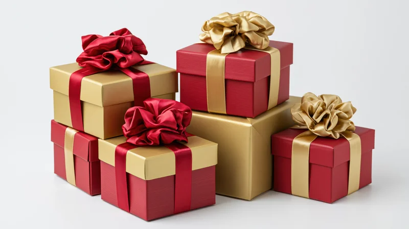 Six wrapped gift boxes stacked and arranged together on white background