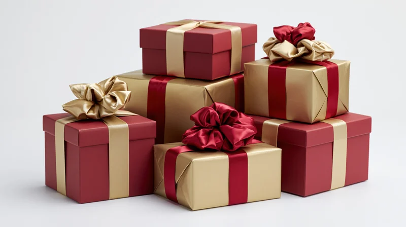 Six wrapped gift boxes stacked and arranged together on a white background