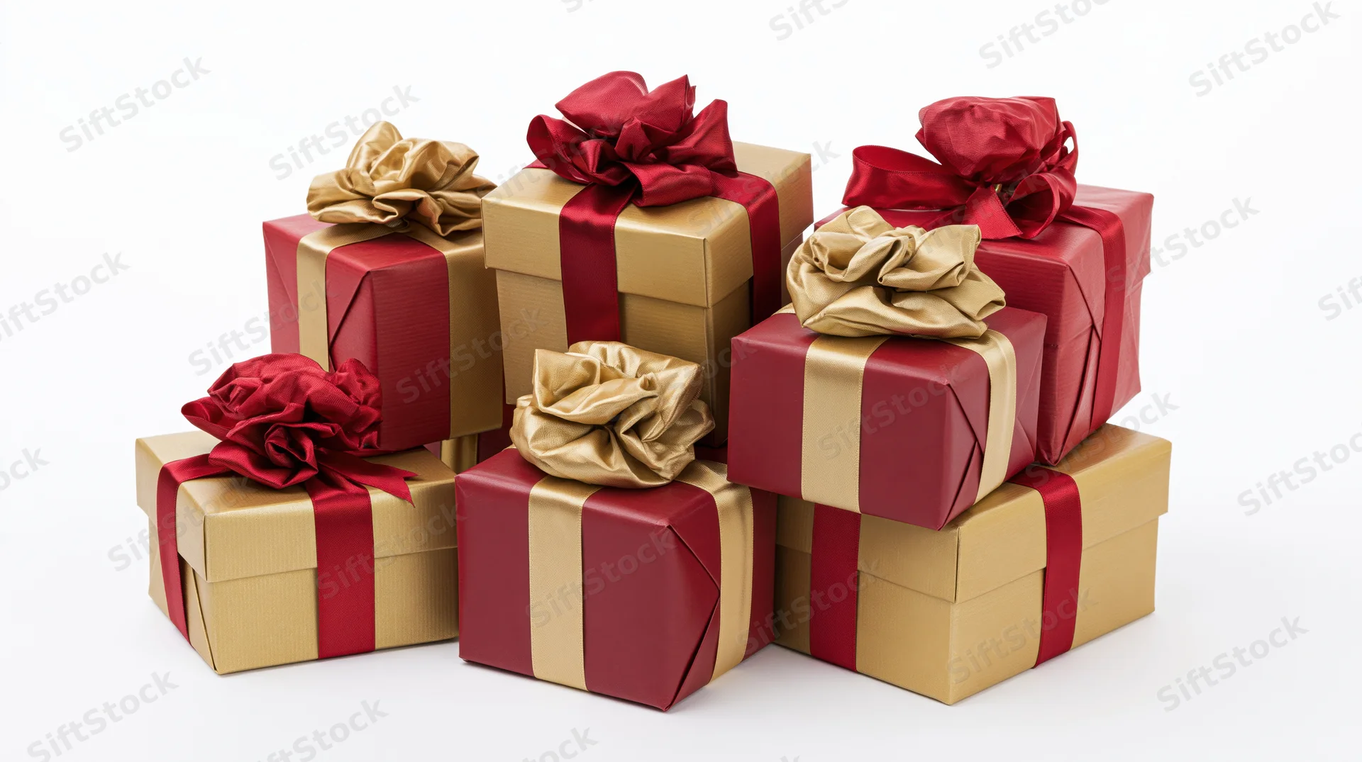 Six wrapped gift boxes stacked and arranged together on white background