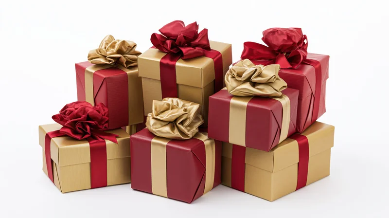 Six wrapped gift boxes stacked and arranged together on white background