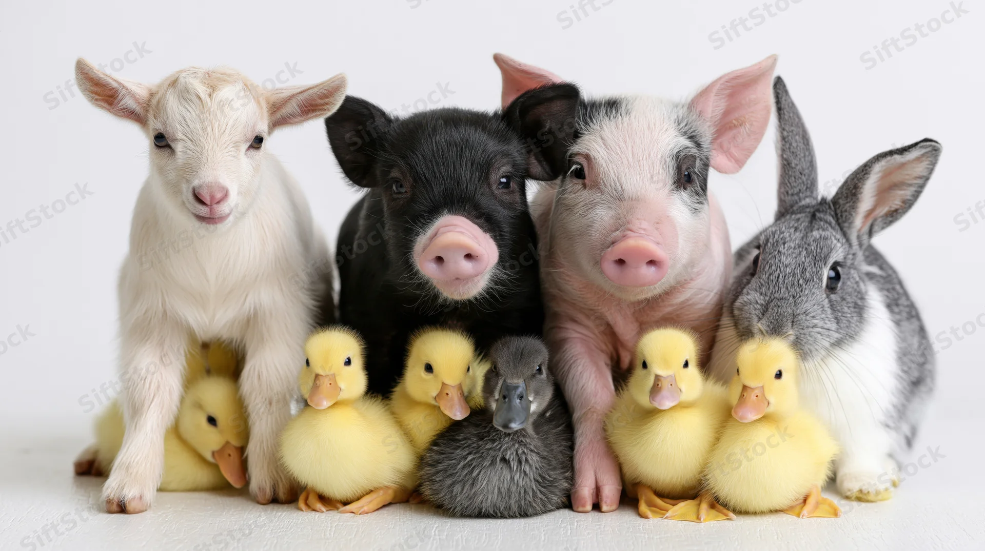 Group of young farm animals including piglets, a goat, a rabbit, and ducklings arranged together facing forward on a white background