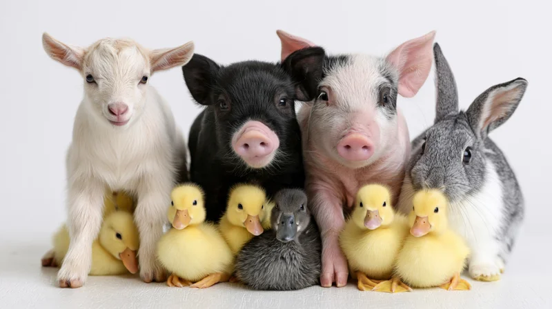 Group of young farm animals including piglets, a goat, a rabbit, and ducklings arranged together facing forward on a white background