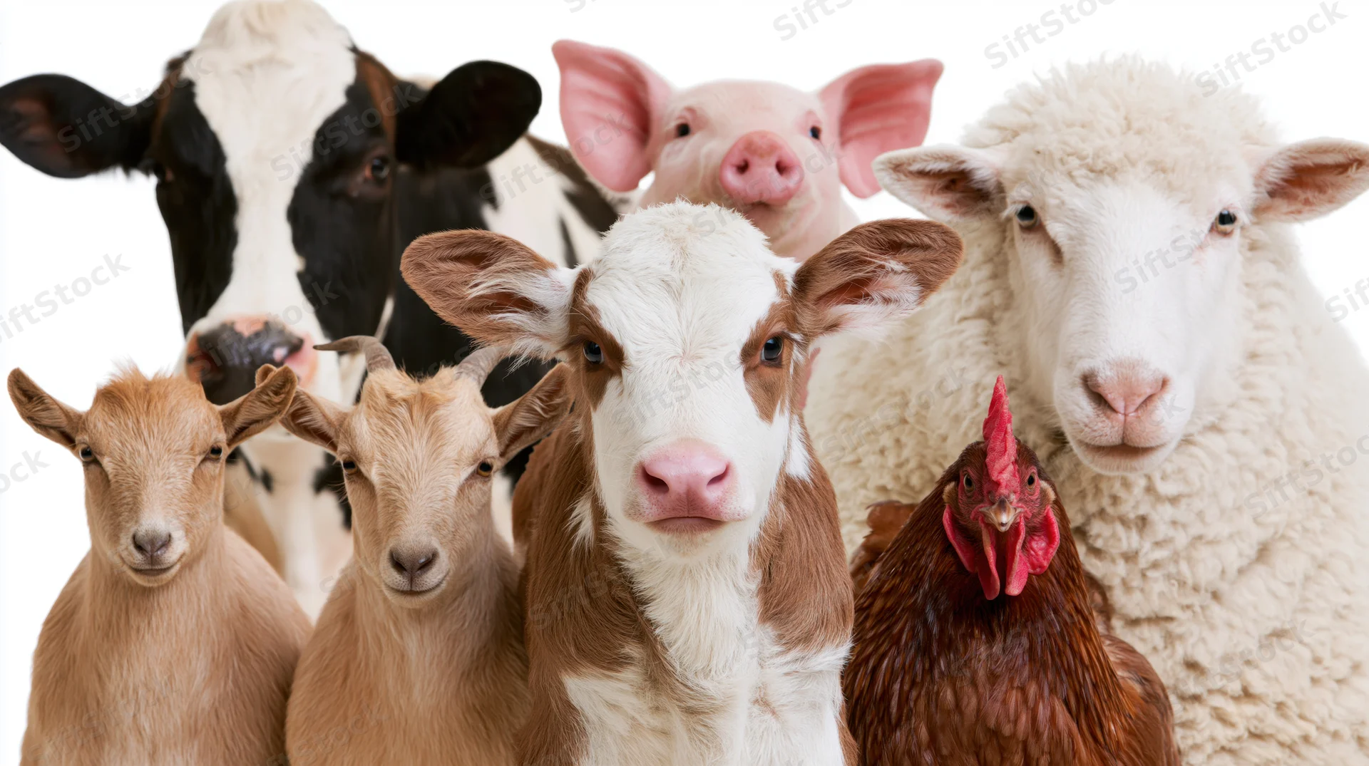Group portrait of farm animals including calf, cow, pig, sheep, goat, and chicken against white background