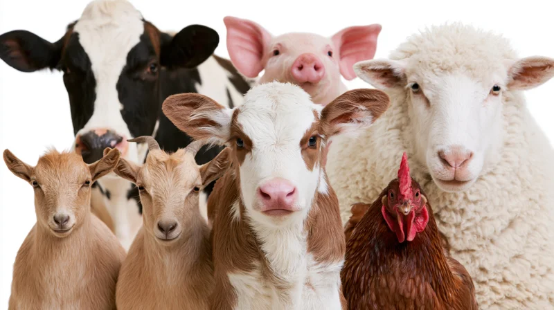 Group portrait of farm animals including calf, cow, pig, sheep, goat, and chicken against white background
