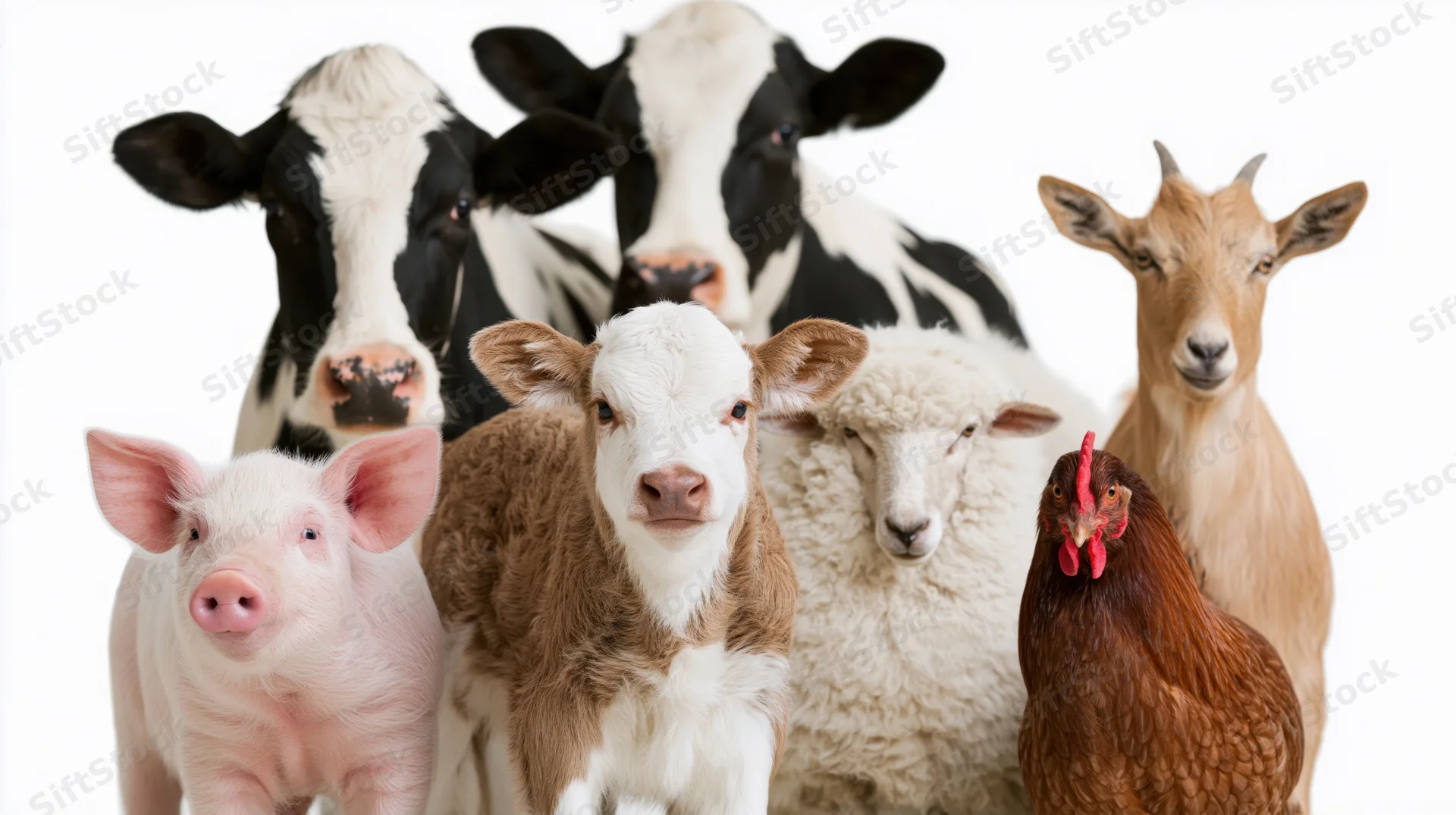 Young calf centered among cow, pig, sheep, goat, and chicken in studio setting