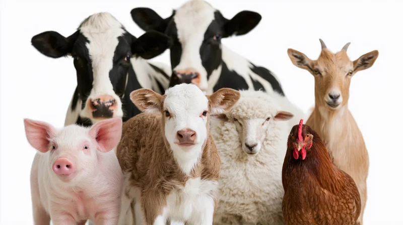 Young calf centered among cow, pig, sheep, goat, and chicken in studio setting