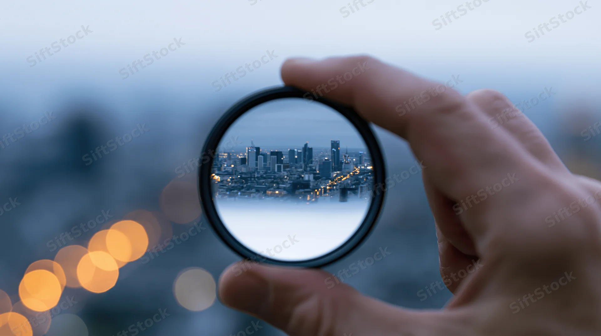 Hand holding a circular lens over a city skyline at twilight