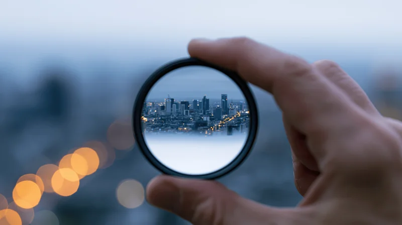 Hand holding a circular lens over a city skyline at twilight