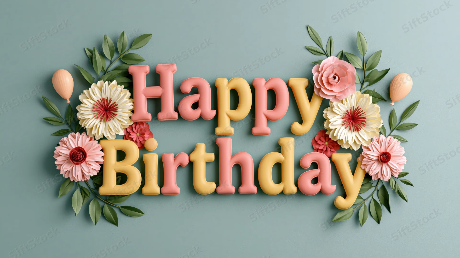 3d happy birthday text in pink and yellow letters surrounded by flowers and leaves on a pastel background
