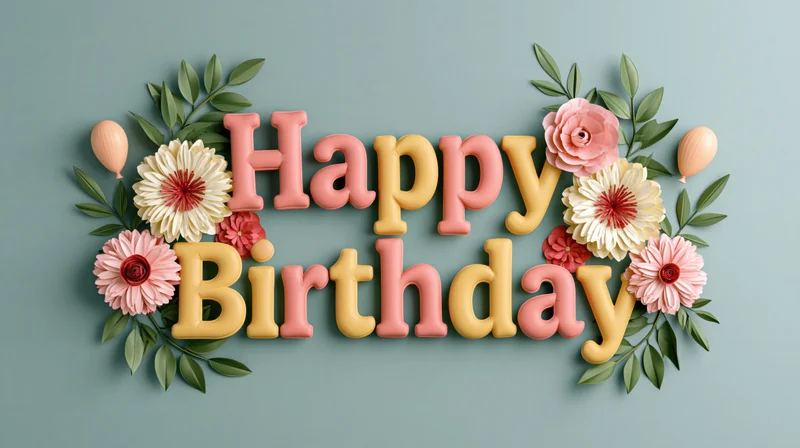 3d happy birthday text in pink and yellow letters surrounded by flowers and leaves on a pastel background