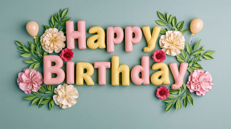 Happy birthday text in puffy 3d letters with flowers and balloons on a pastel background