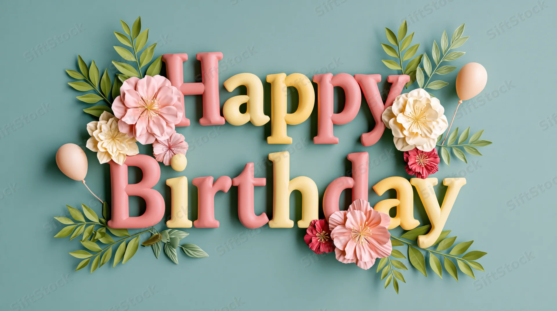 Happy birthday text in 3d puffy letters with flowers and balloons on teal background