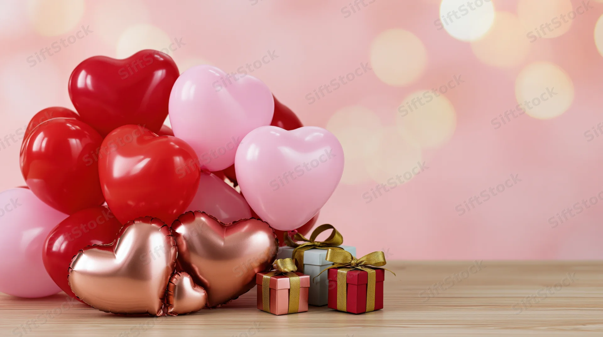 Heart-shaped balloons in red, pink and rose gold clustered with gift boxes on a wooden table against a soft pink bokeh background