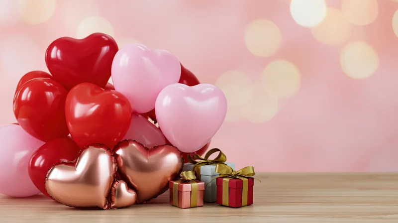 Heart-shaped balloons in red, pink and rose gold clustered with gift boxes on a wooden table against a soft pink bokeh background