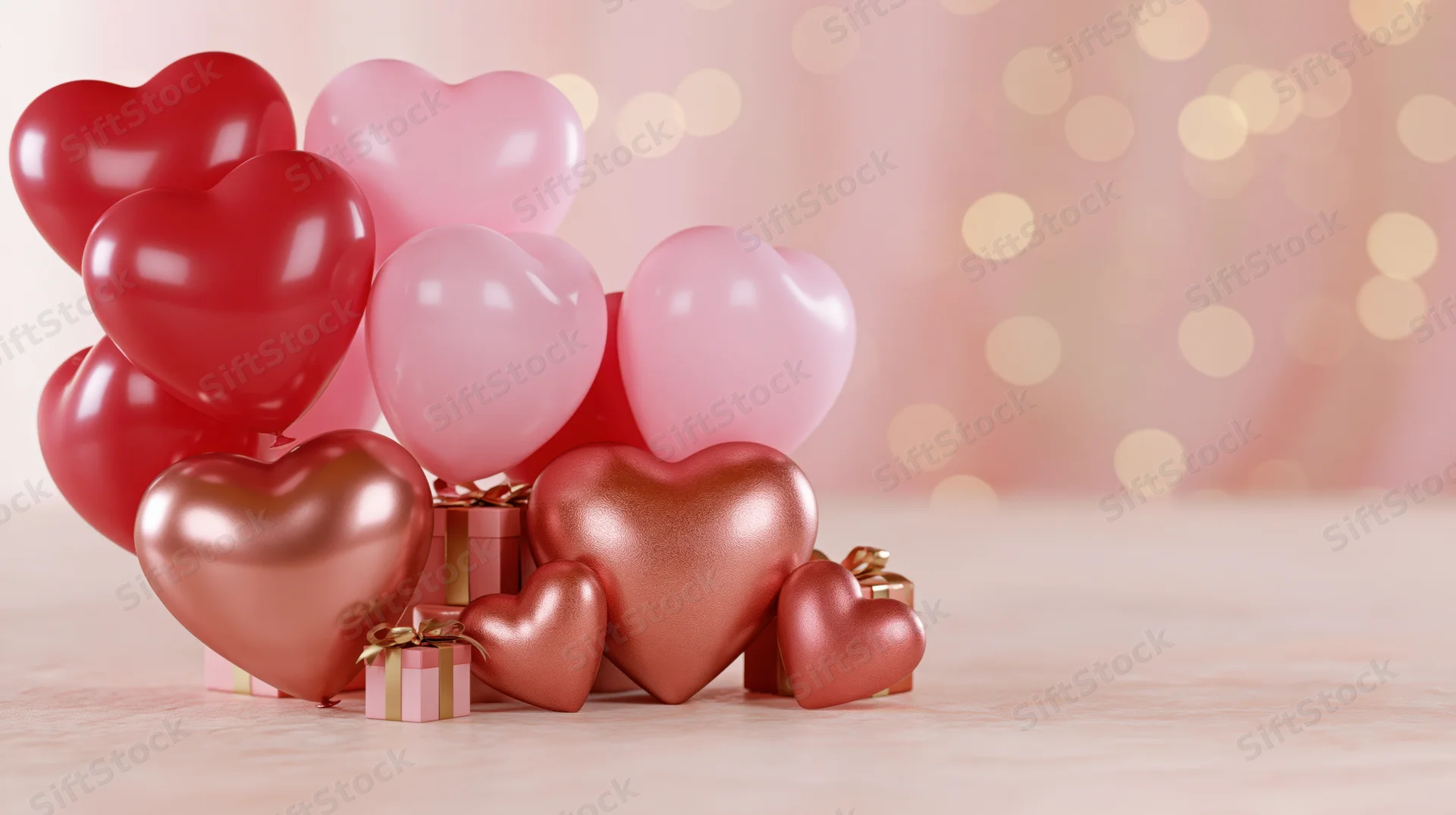 Heart-shaped balloons in red and pink clustered with gift boxes on a wooden surface against a soft bokeh background