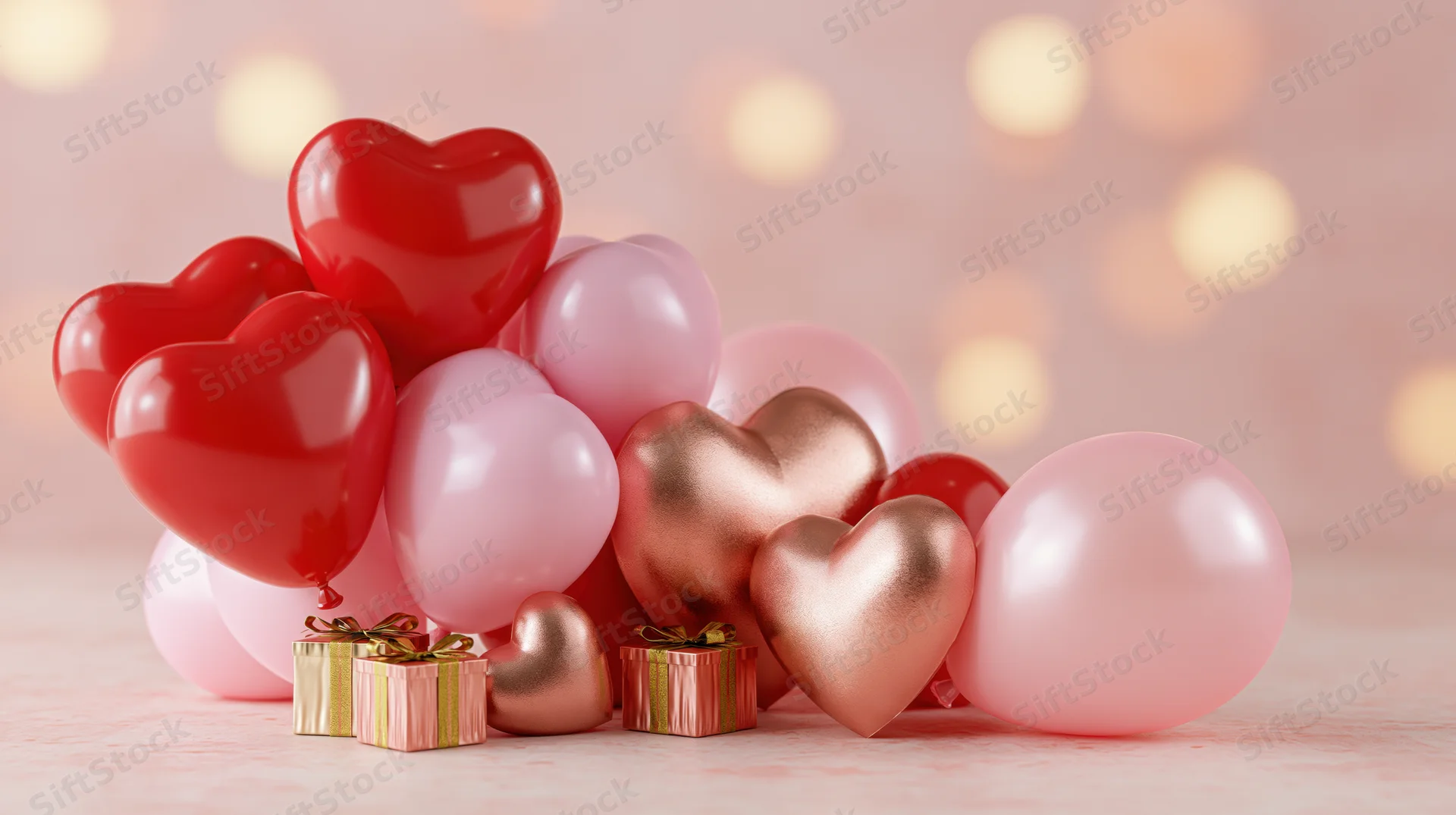Heart-shaped balloons in red, pink and rose gold clustered with small gift boxes on a soft pink surface with bokeh lights in the background