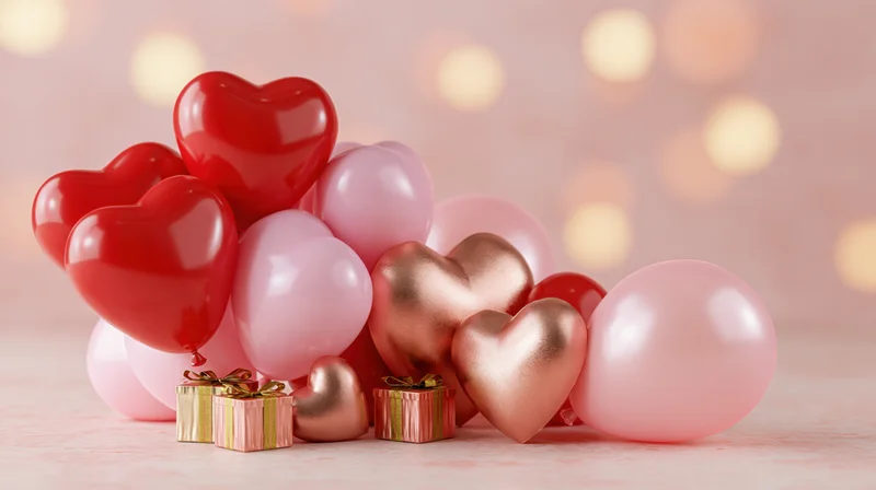 Heart-shaped balloons in red, pink and rose gold clustered with small gift boxes on a soft pink surface with bokeh lights in the background