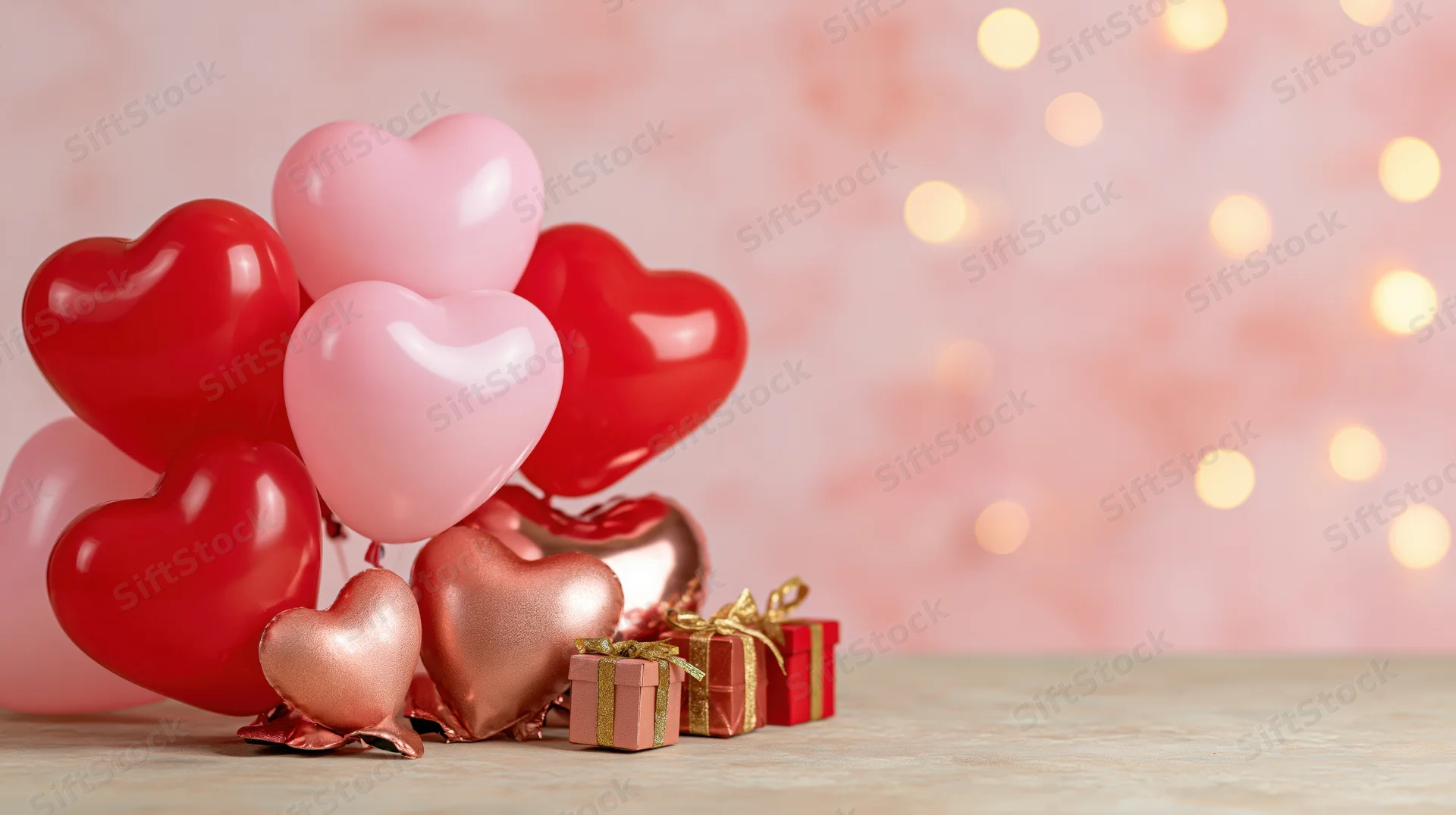 Heart-shaped balloons in red and pink clustered with gift boxes on a wooden table against a soft pink bokeh background