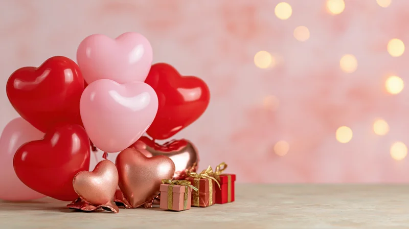 Heart-shaped balloons in red and pink clustered with gift boxes on a wooden table against a soft pink bokeh background