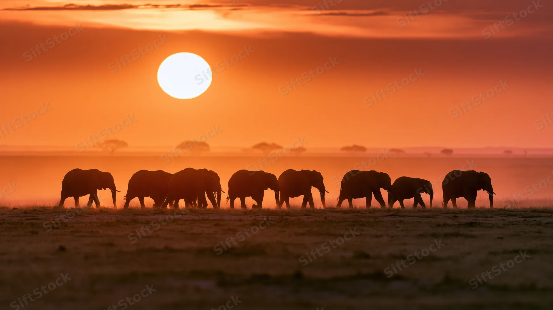 Herd of elephants silhouetted against a vast african savanna at sunset