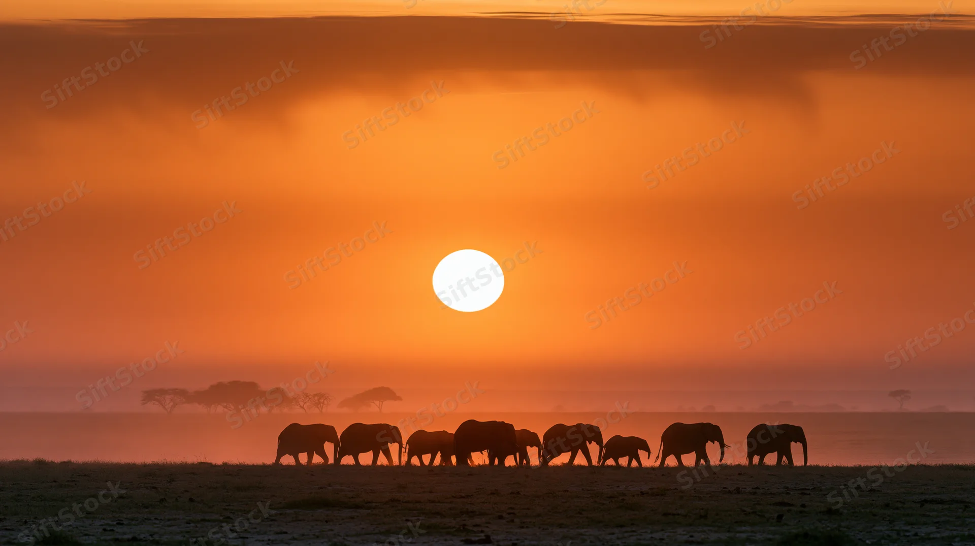 Herd of elephants silhouetted against the savanna at sunset